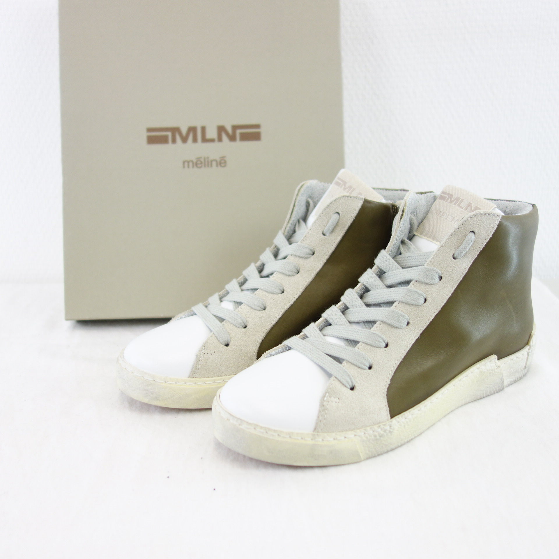 MELINE MLN Damen Sport Schuhe High Top Sneaker Weiß Khaki Leder Gr 37 Modell NK 5050