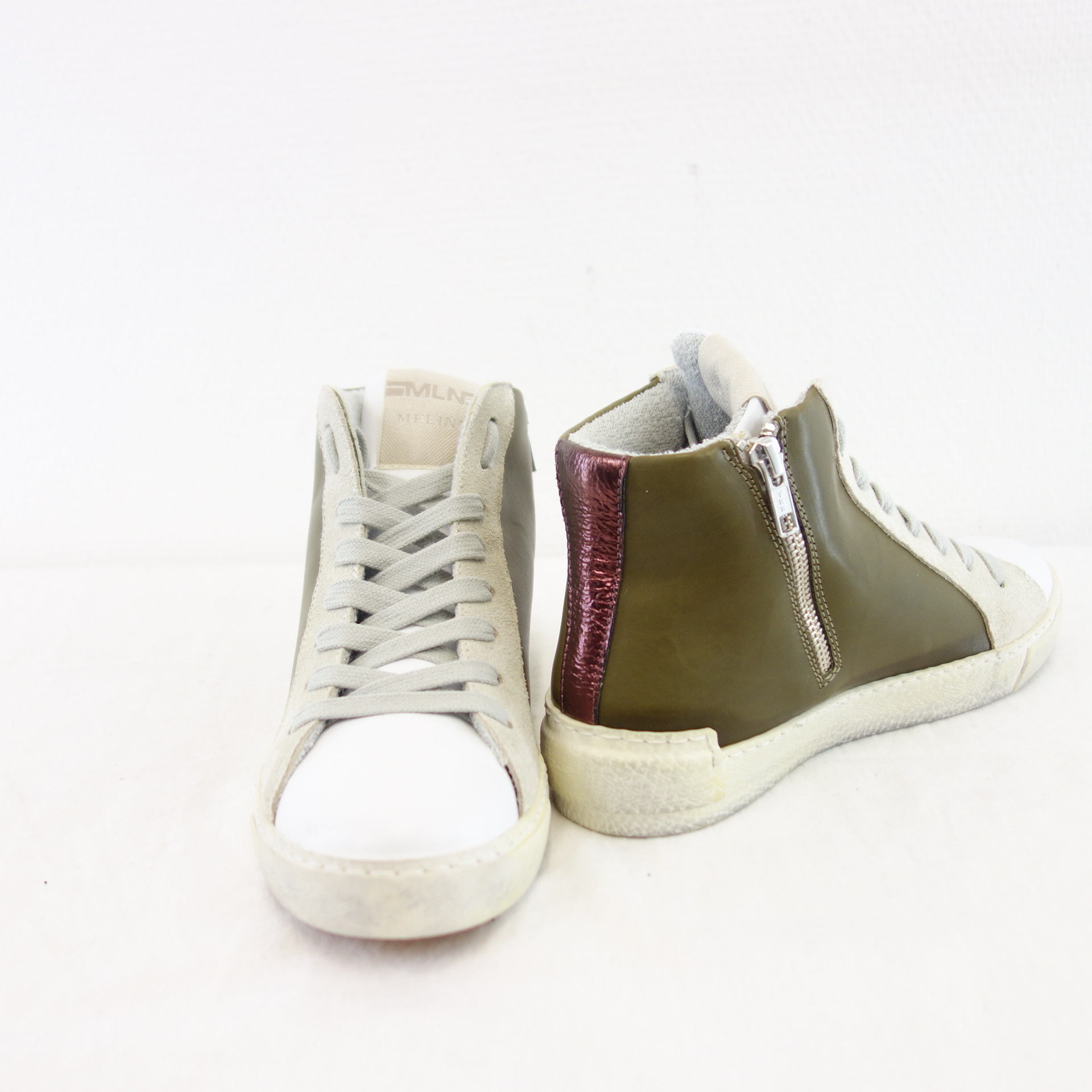 MELINE MLN Damen Sport Schuhe High Top Sneaker Weiß Khaki Leder Gr 37 Modell NK 5050