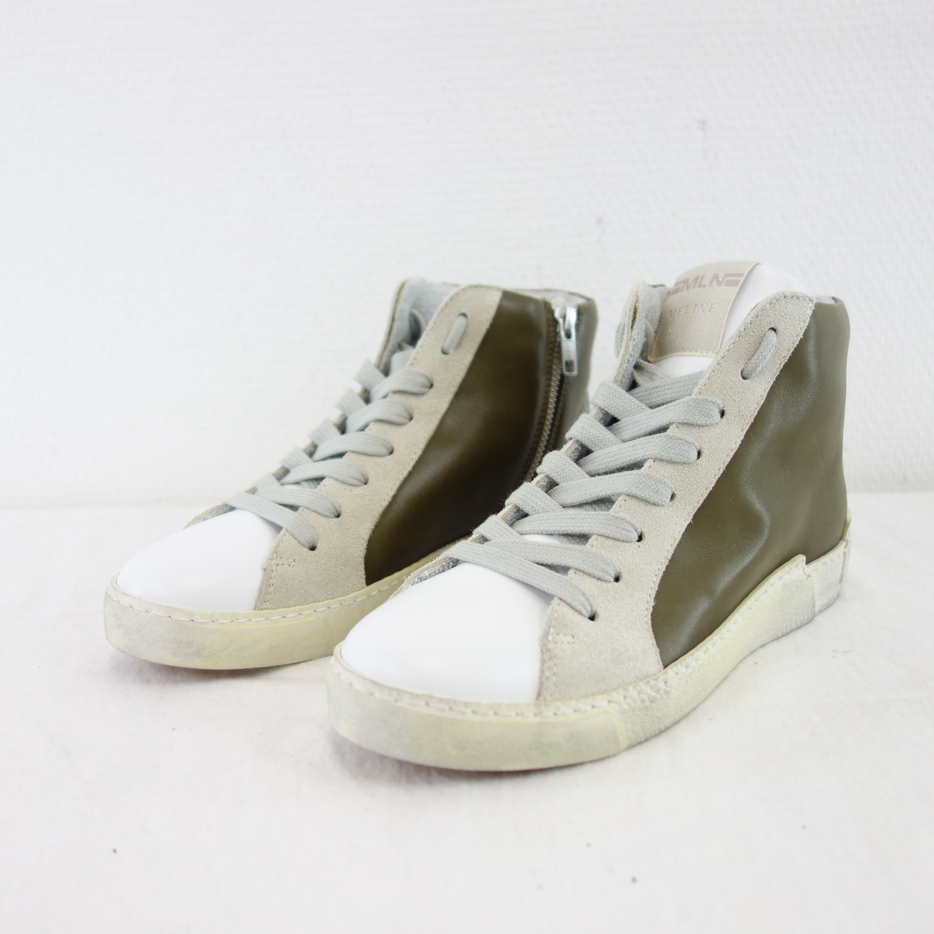 MELINE MLN Damen Sport Schuhe High Top Sneaker Weiß Khaki Leder Gr 37 Modell NK 5050